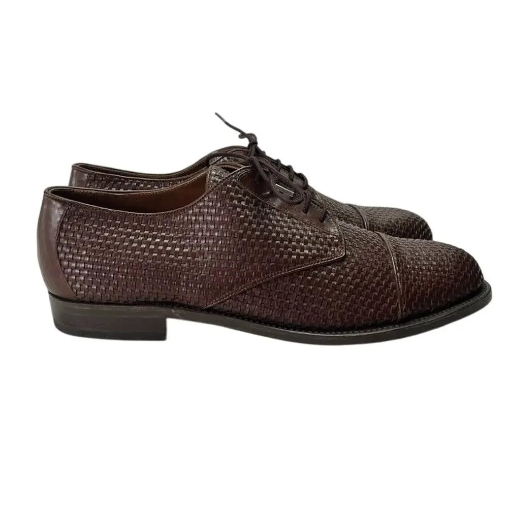 Handmade Shoes Mens Oxfords Basket Woven Leather Cap Toe Lace Up